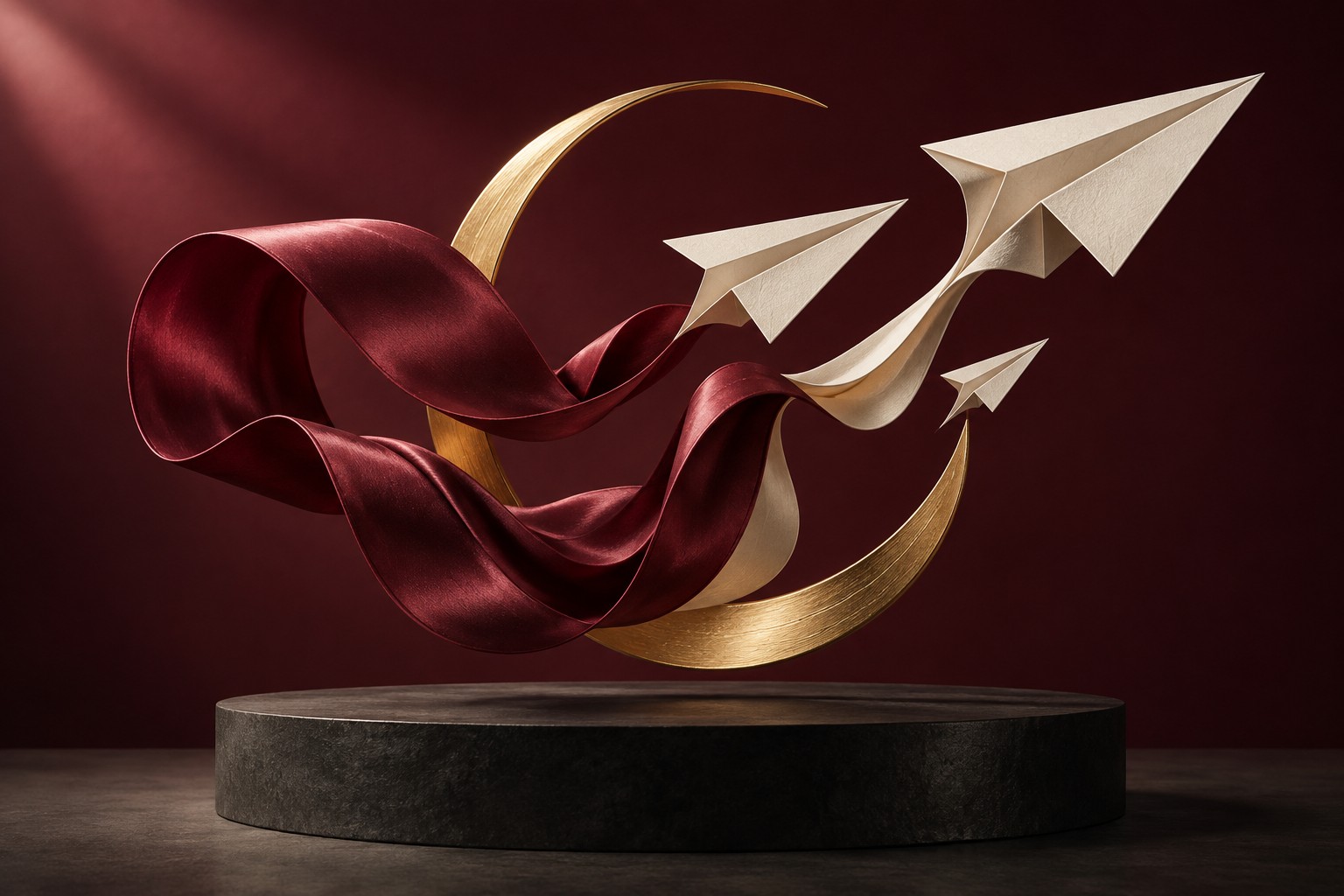 Burgundy silk, floating paper planes and a sculptural gold arc